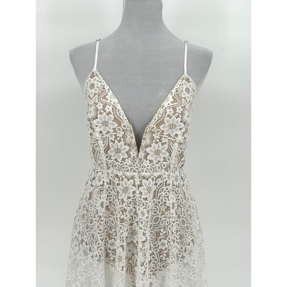 For Love and Lemons White Lace Midi Dress Deep V Neck Size M Sheer Fairy Bride - Picture 2 of 16